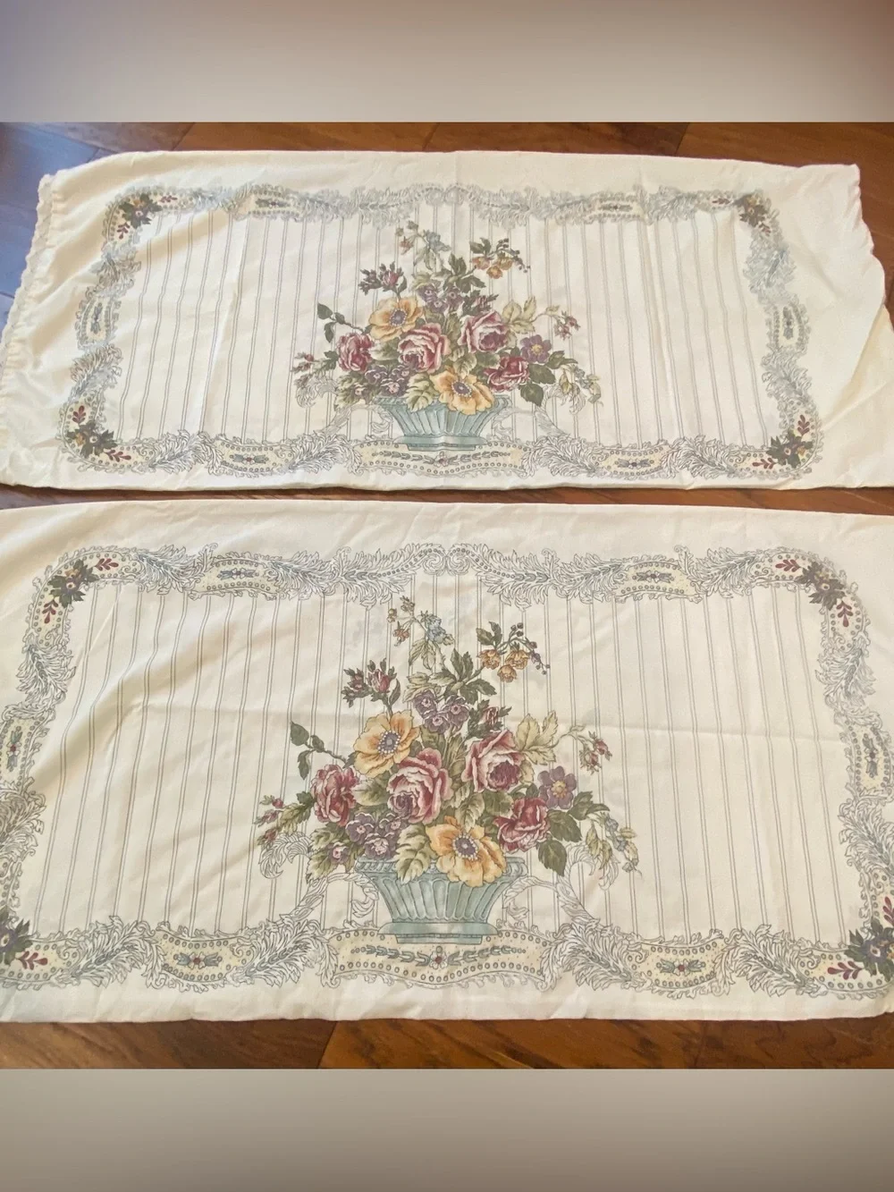 Vintage Set of King Louis Nichole pillowcases floral urn design & lace trim